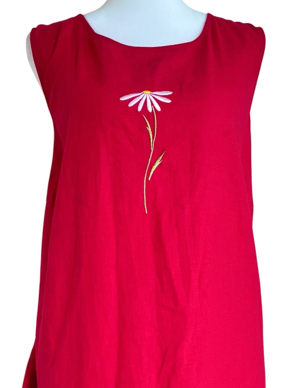Vintage Red Linen Daisy Embroidered Maxi Dress 22W